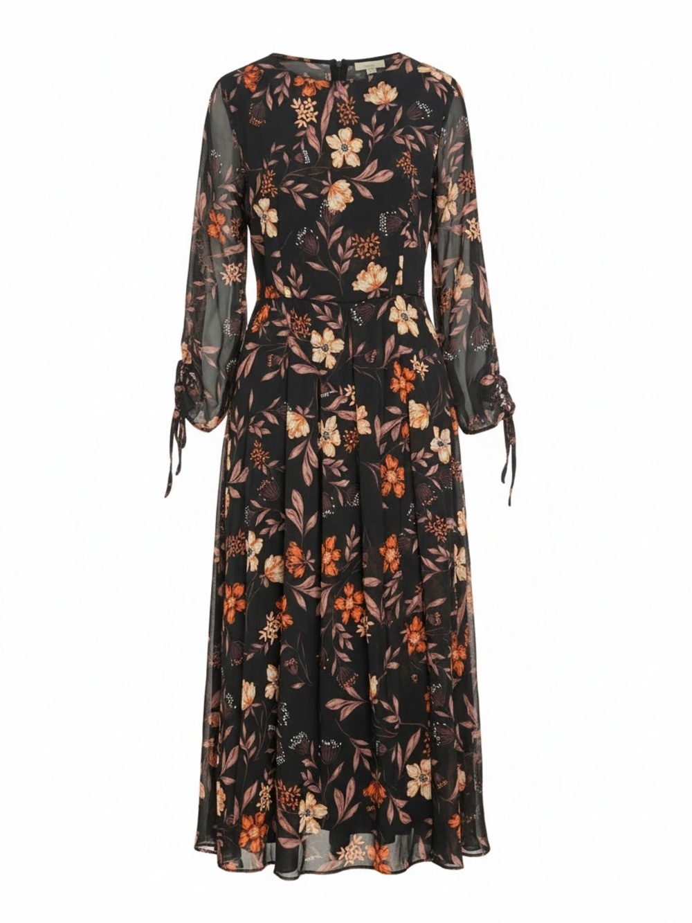 I Madeline Floral Long Sleeve Black Midi Dress with Orange & Cream Blooms